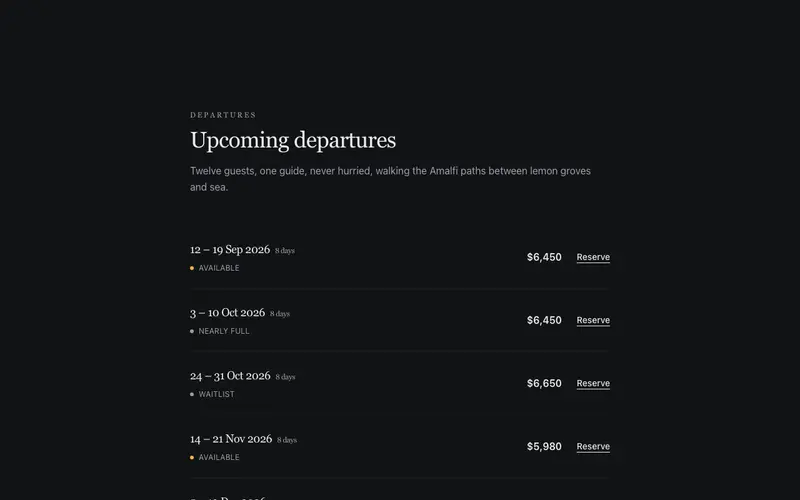 Tour Departures List preview