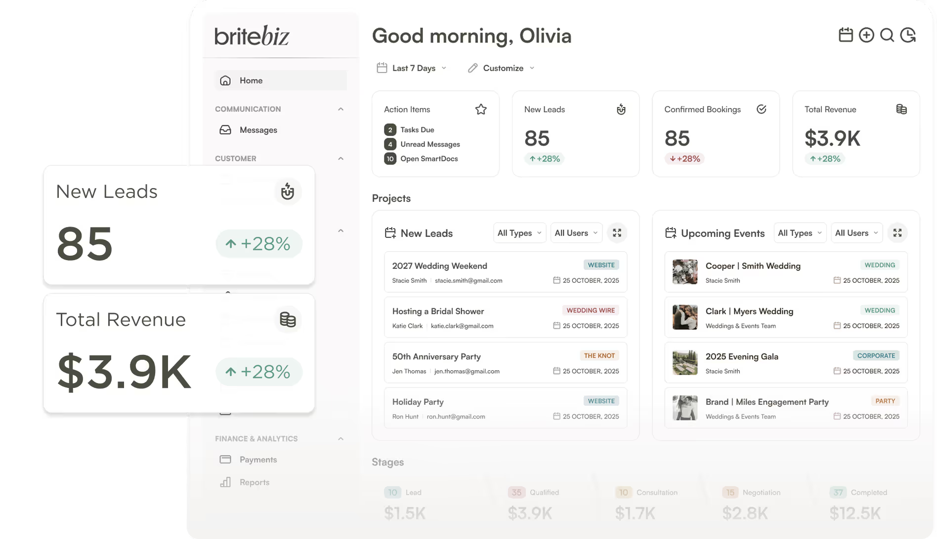 The BriteBiz dashboard with its left-hand navigation sidebar, where the Settings and Account areas are reached.