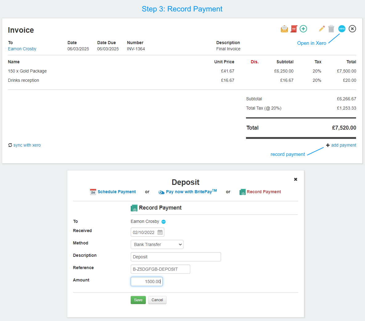 A BriteBiz invoice showing the sync with Xero and Open in Xero links, the connector path that surfaces the same records in Xero.