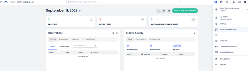 The Cloudbeds dashboard with the upper-right Account menu open, showing the Apps & Marketplace option.