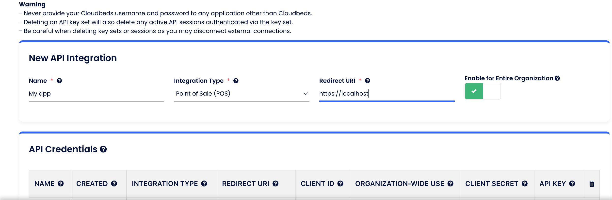 The New API Integration form with Name, Integration Type, and Redirect URI fields filled in above the API Credentials table.