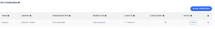 The API Credentials table with a credential row and a Create button in the API Key column.