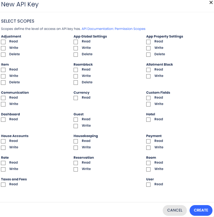 The New API Key Select Scopes dialog showing Read, Write, and Delete checkboxes for each Cloudbeds resource such as Reservation, Guest, and Payment.