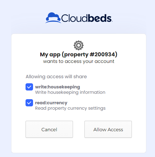 The Cloudbeds authorisation screen listing the scopes a connected app wants to access, with Cancel and Allow Access buttons.