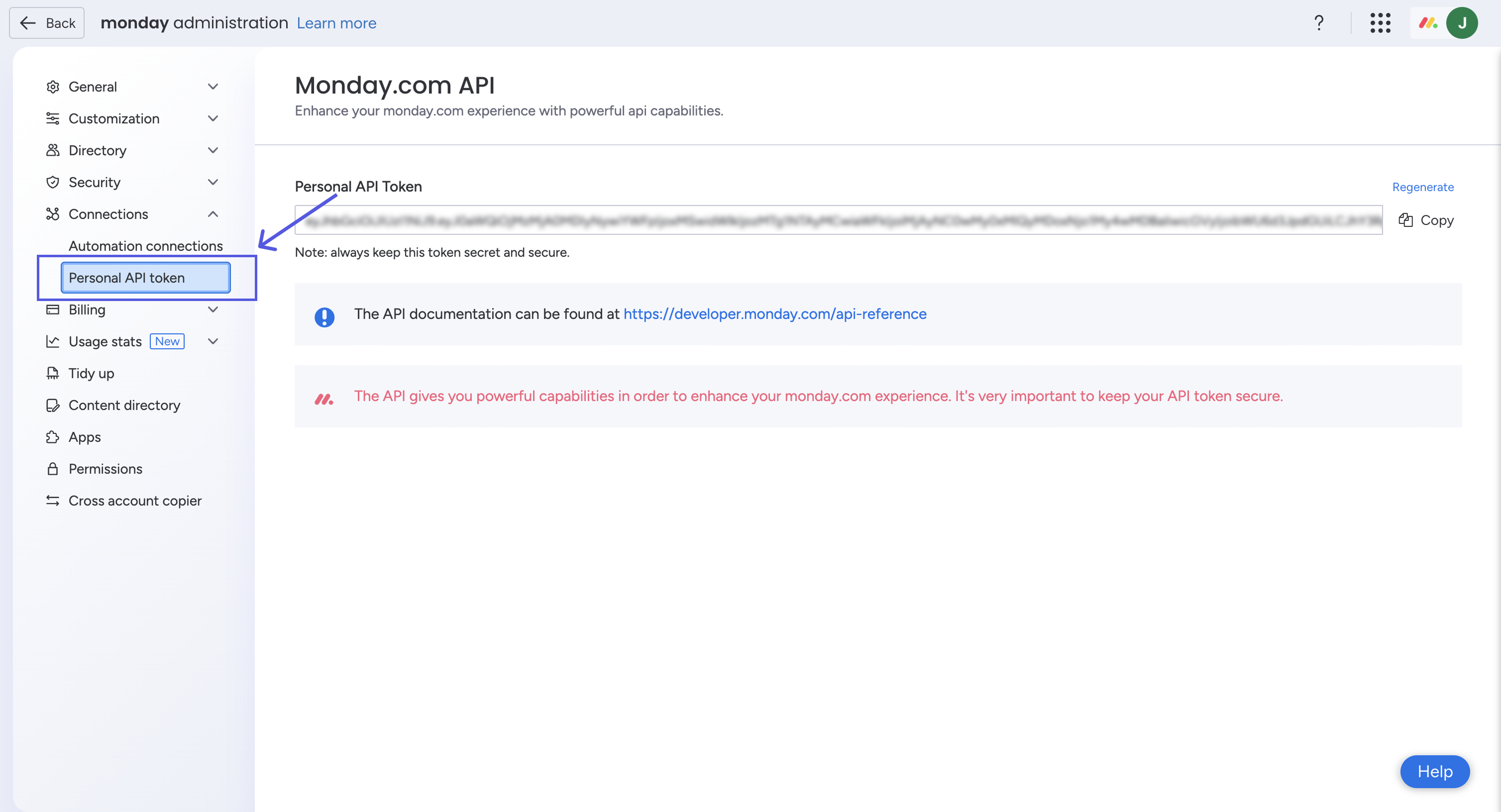 monday.com Administration screen under Connections showing the Personal API token field with Regenerate and Copy controls.