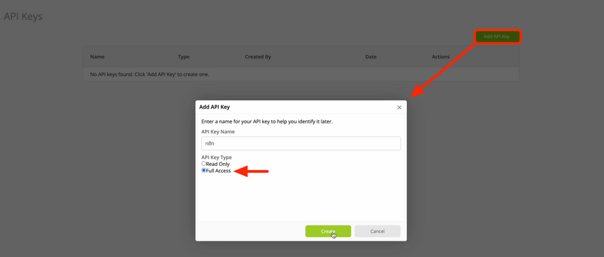 ServiceM8 API Keys page with the green Add API Key button highlighted, and the Add API Key dialog showing the API Key Name field and an API Key Type choice of Read Only or Full Access.