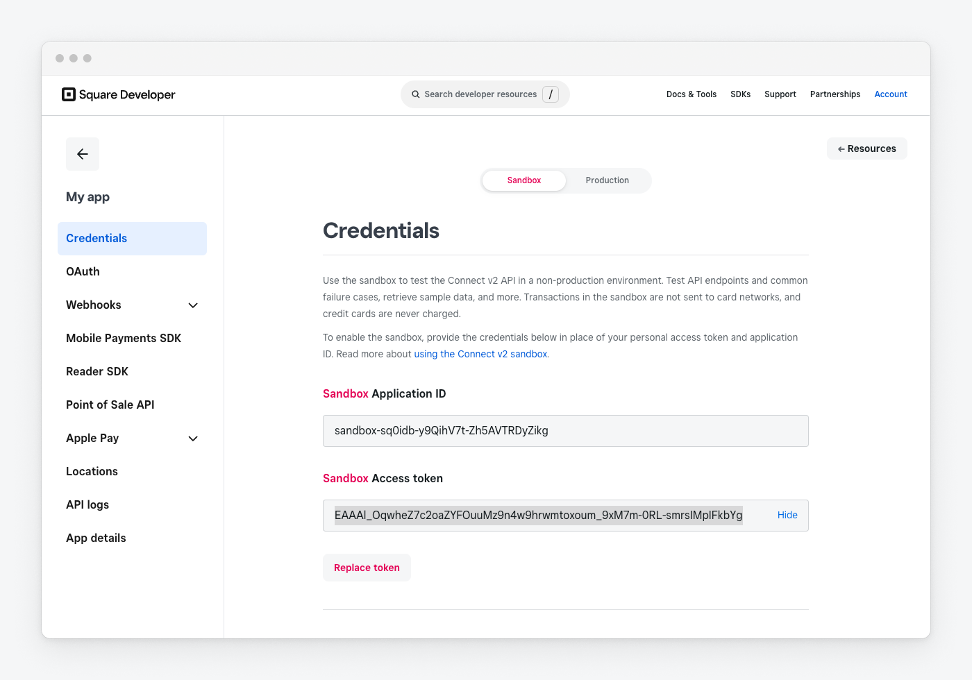 The Credentials page in the Square Developer Console with the Sandbox and Production toggle, the Application ID, and the Access token field.