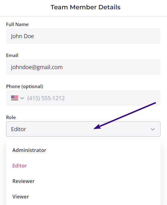 Content Snare team member details form with the Role dropdown open showing Administrator, Editor, Reviewer, and Viewer options.