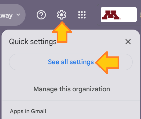 The Gmail Settings gear and "See all settings" option in the top right of the inbox