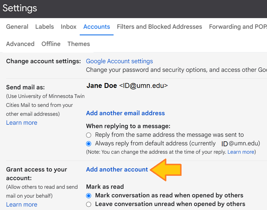 The "Grant access to your account" section in Gmail with the "Add another account" option
