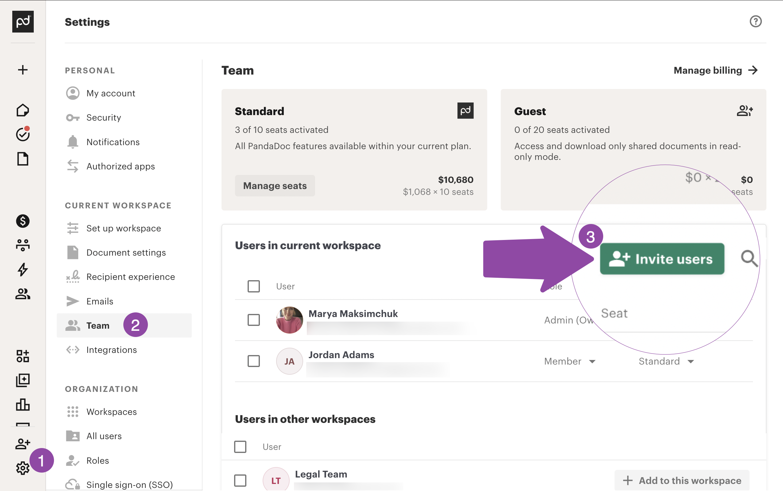 PandaDoc Team settings page showing seats and the list of workspace users.