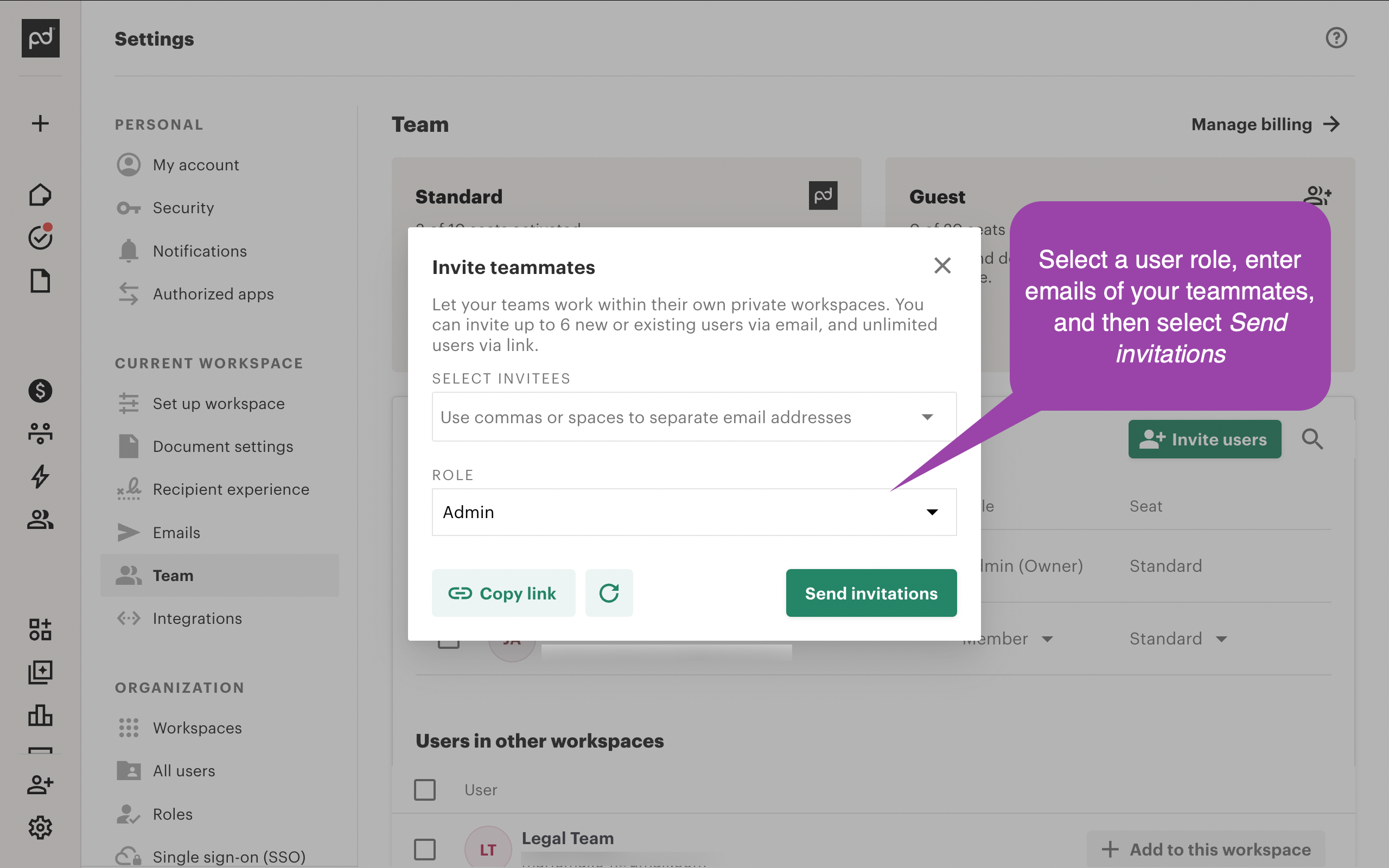 PandaDoc invite teammates dialog with an email field and a role dropdown.