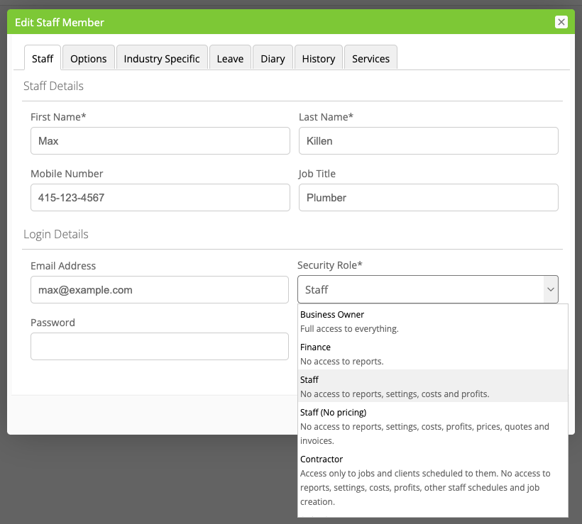 ServiceM8 Edit Staff Member dialog showing the Email Address field and the Security Role dropdown open.