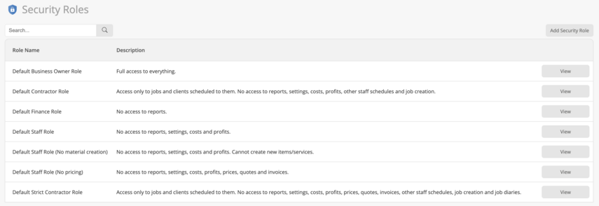 ServiceM8 Security Roles list showing each role name and a short description of what it can access.