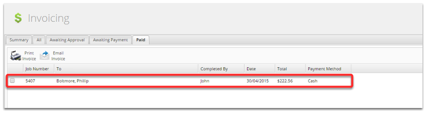 ServiceM8 Invoicing area on the Paid tab, showing a job with its date, total, and payment method.