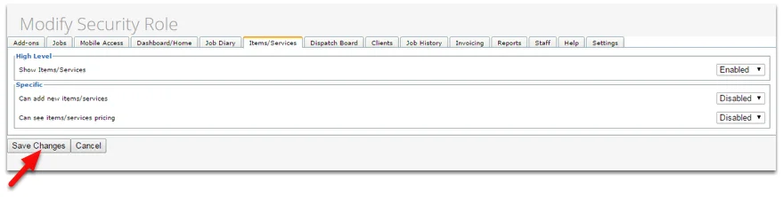ServiceM8 Modify Security Role screen showing Enabled and Disabled dropdowns for each permission.