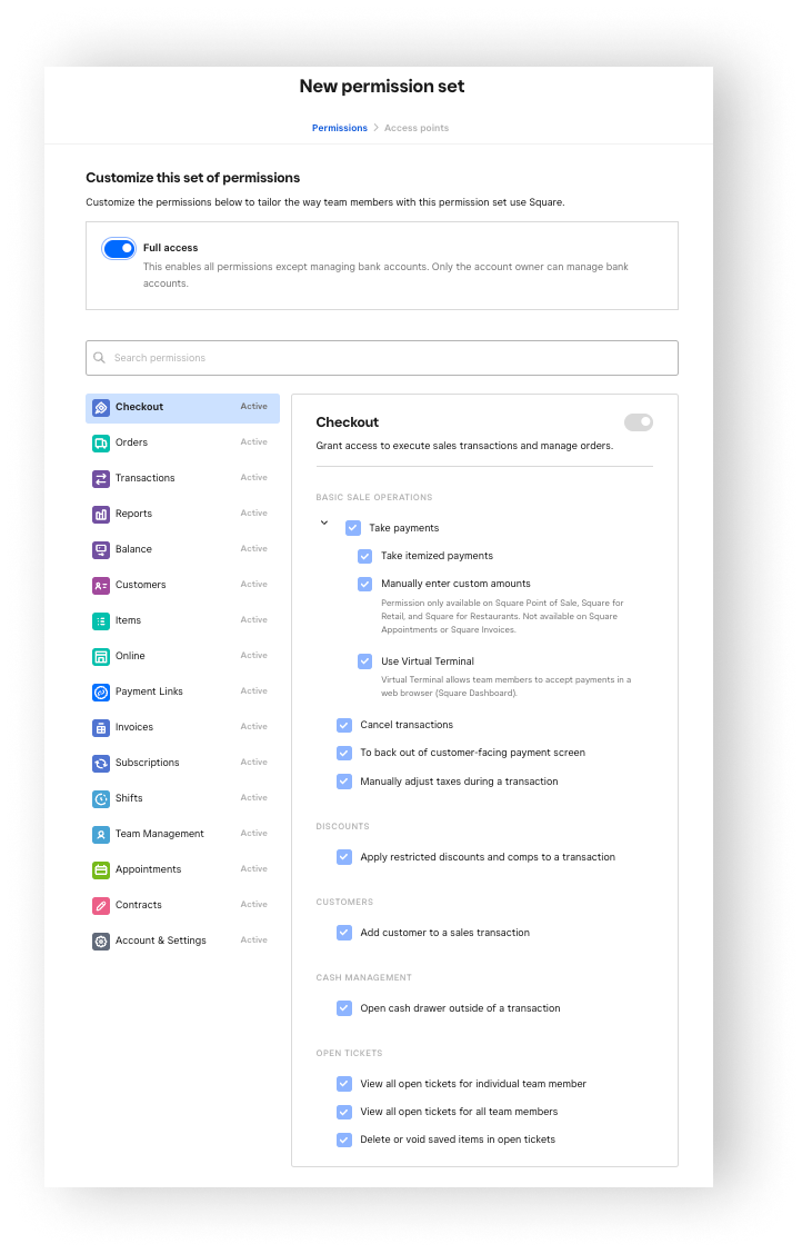 Square "New permission set" screen showing the Full access toggle switched off and the per-category list of individual permission toggles you customise for a view-only set.