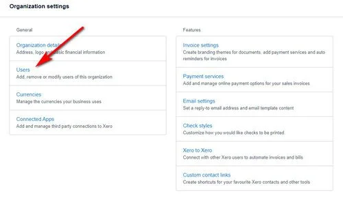 Xero organisation settings page with the Users link highlighted under the General column.