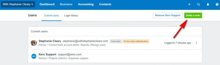 Xero Users screen showing the current users list and the green Invite a user button in the top right.