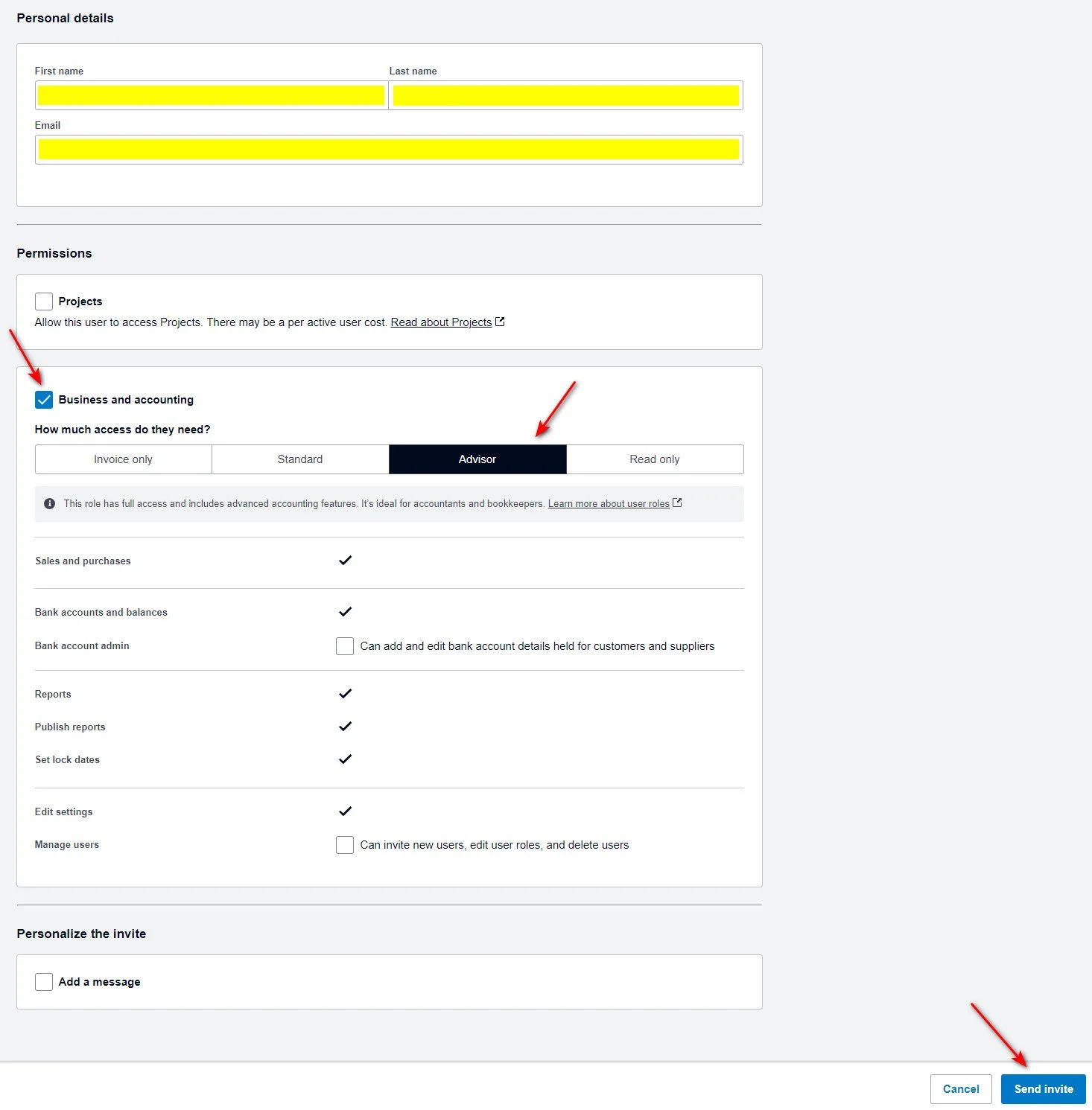 Xero invite user form with first name, last name, and email fields, the Business and accounting permission ticked, the access selector showing Read only as an option, and the Send invite button.