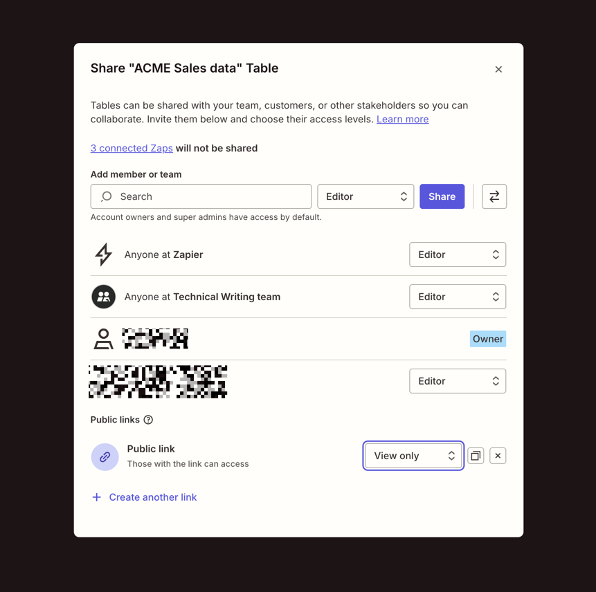Zapier share dialog showing the "Add member or team" search box, a role dropdown, and the Share button